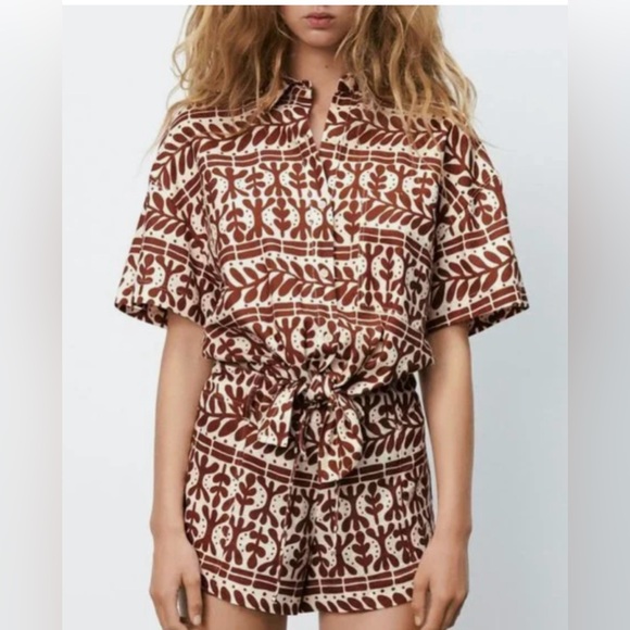 Zara Tribal Shorts linen/viscose blend sz Small patterned rust cream - Picture 1 of 8